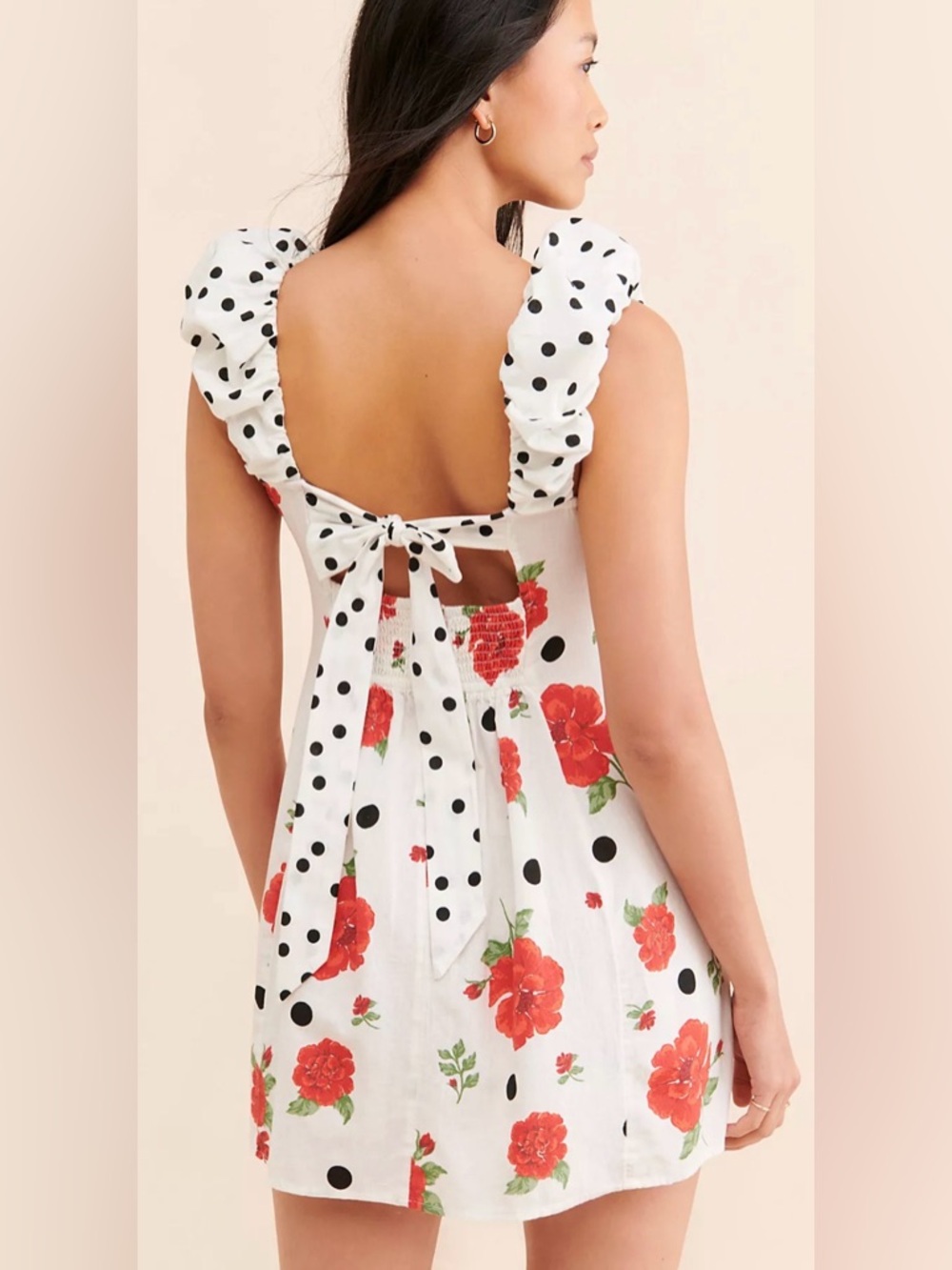 Free People Mixed Print Bom Bom Mini Dress Polka Dot Floral Cottagecore Size M - Picture 3 of 9